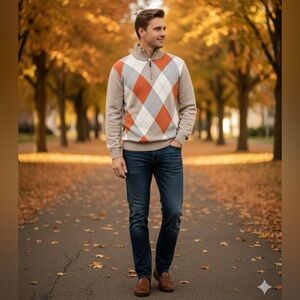 Old Navy Men’s Argyle Half-Zip Sweater Pullover Beige Gray Orange Size L